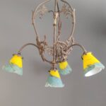 muller freres luneville Antique French Art Nouveau chandelier ceiling light with four glass shades signed Muller Freres full Lamp Image