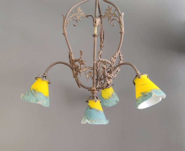 muller freres luneville Antique French Art Nouveau chandelier ceiling light with four glass shades signed Muller Freres full Lamp Image