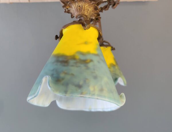 muller freres luneville Antique French Art Nouveau chandelier ceiling light with four glass shades signed Muller Freres Detail Shades